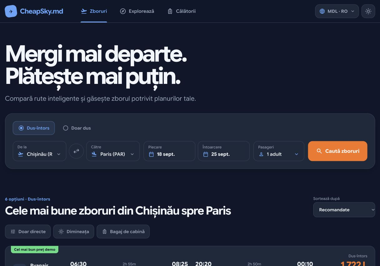 Previzualizarea site-ului CheapSky