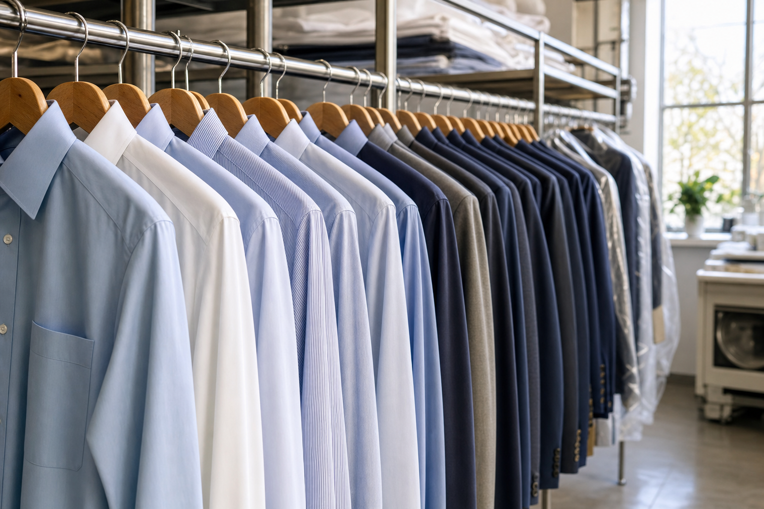 Pressed shirts and suits hanging in the cleaners