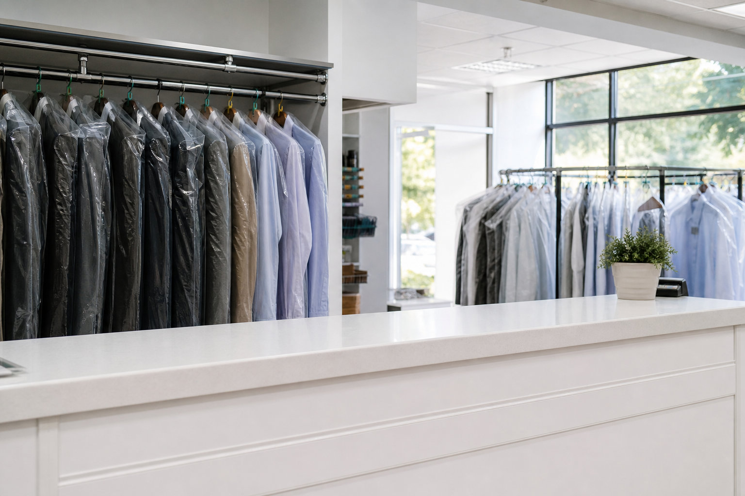 Bright dry cleaner interior with pressed garments behind the counter