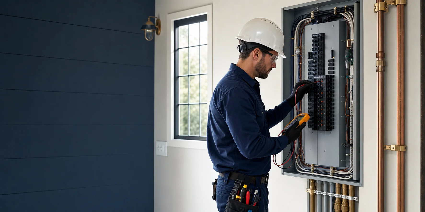 Electrician testing a clean residential breaker panel in a bright home