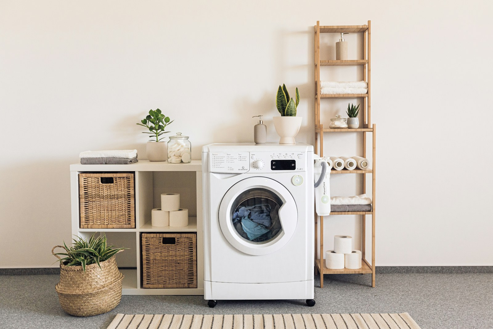 Front-loading washing machine in a tidy laundry room
