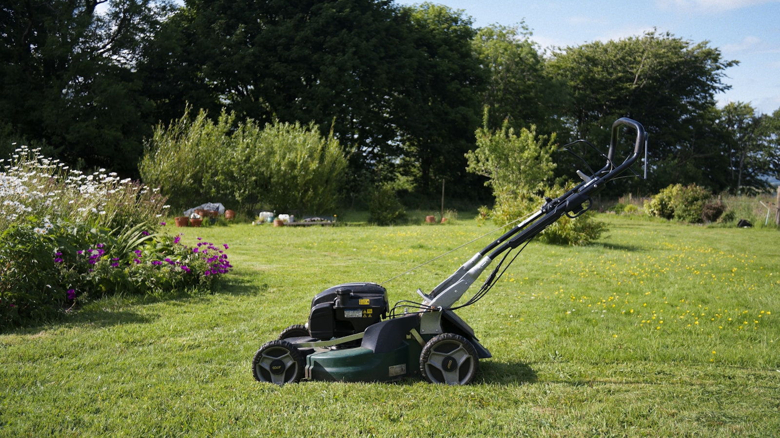 Lawn mower on freshly cut grass in a residential garden
