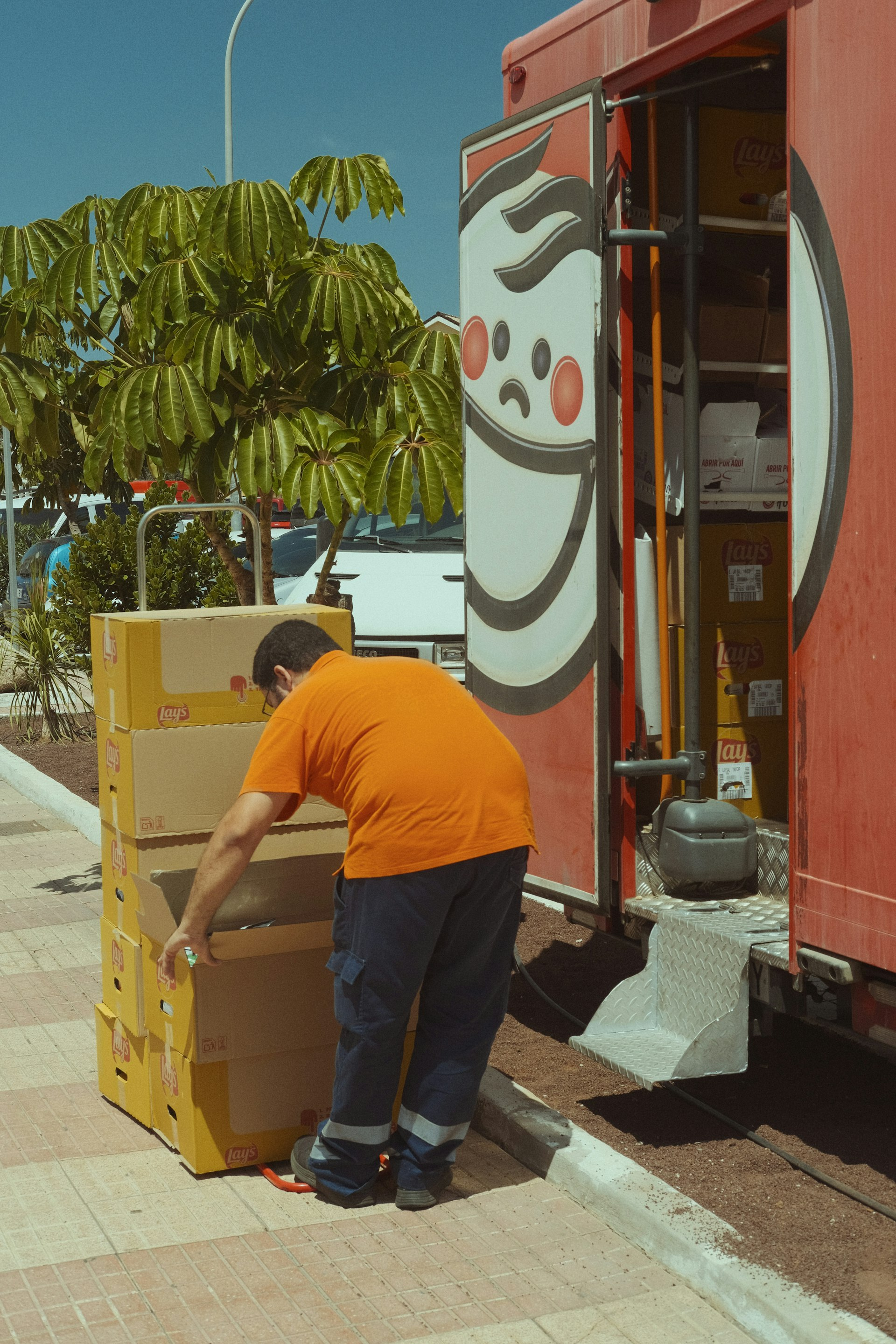 Mover unloading boxes from a moving truck