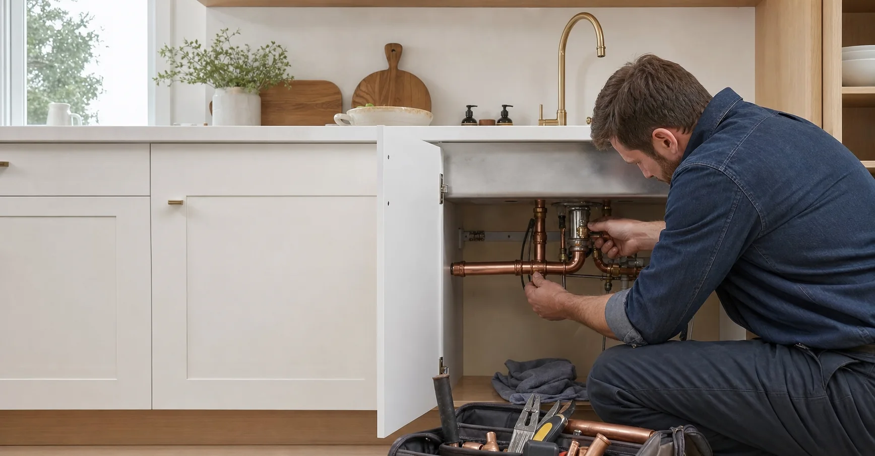 Residential plumber repairing the pipes under a kitchen sink