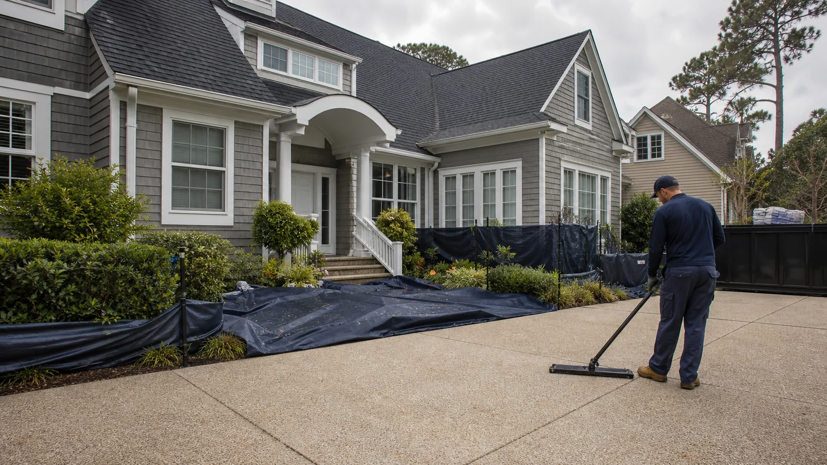 Roofing crew member cleaning a protected driveway and landscape