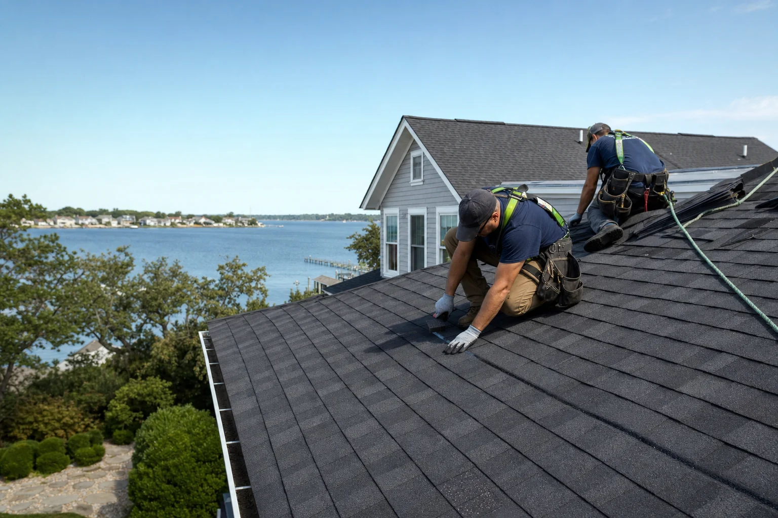 Roofing professionals installing shingles on a coastal Virginia home